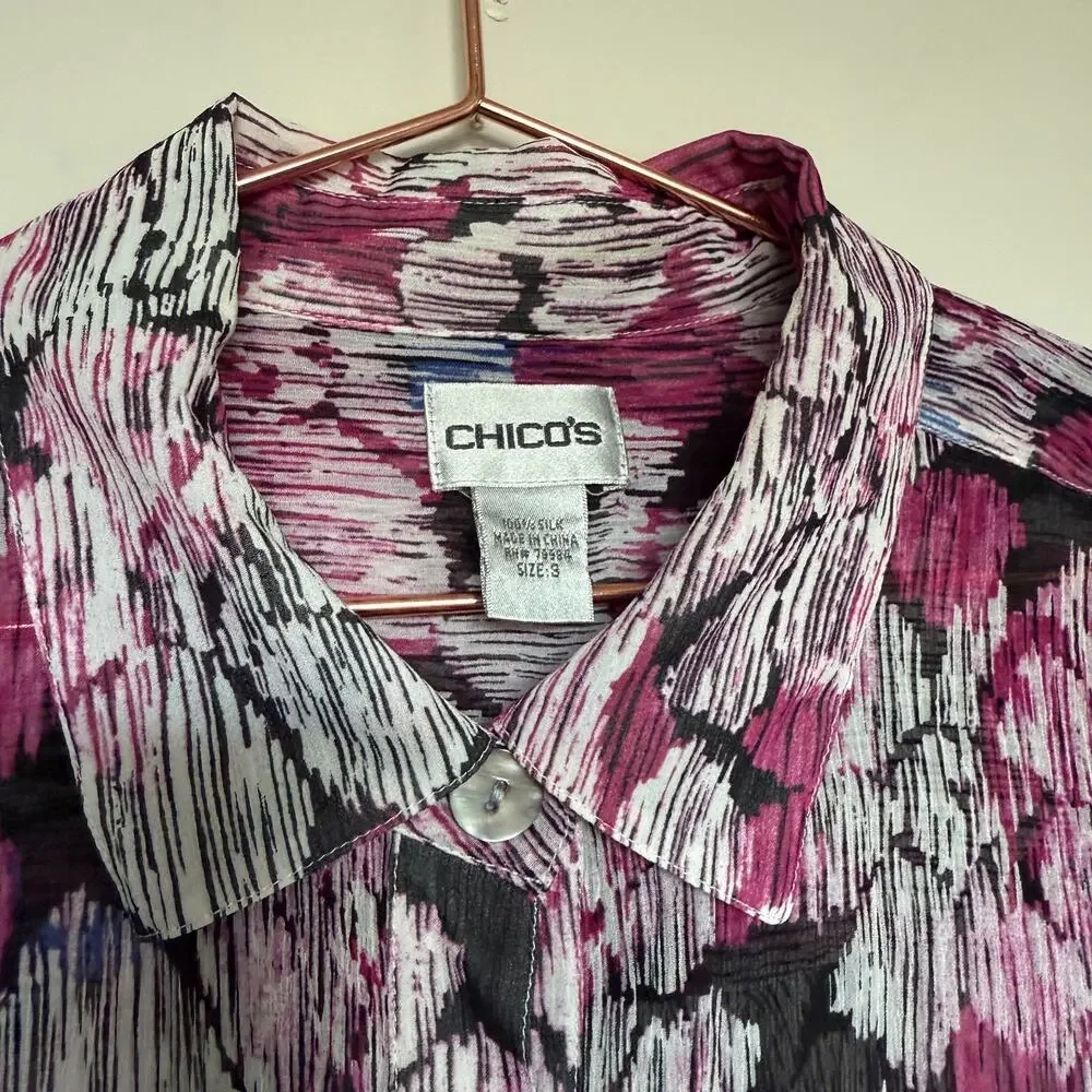 Chico's Women Silk Top Size 3 US XL Long Sleeve Floral Button Up Mature Colorful